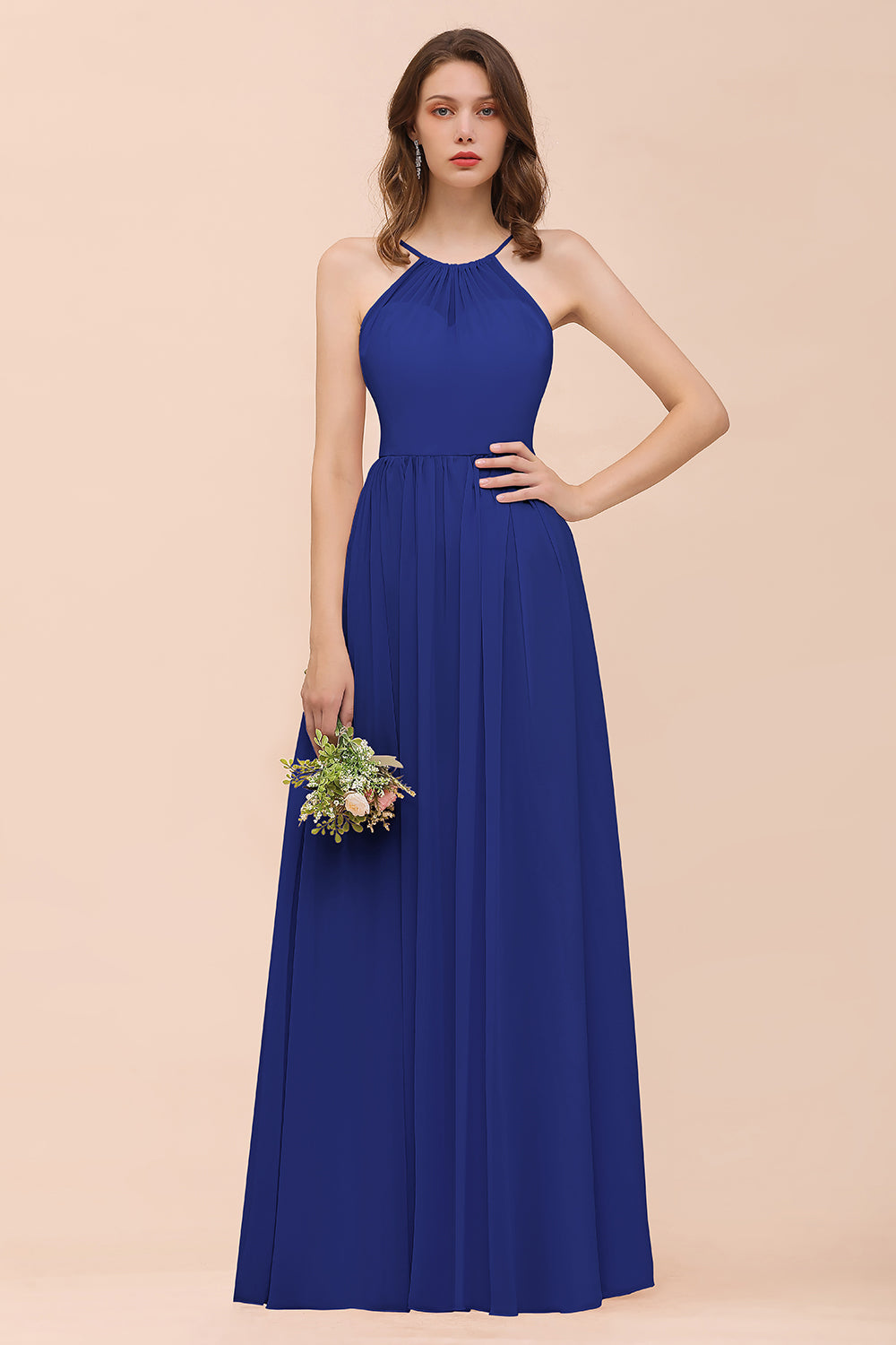 Gorgeous Chiffon Halter Ruffle Affordable Long Bridesmaid Dress-27dress