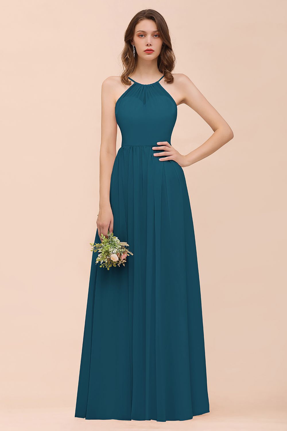 Gorgeous Chiffon Halter Ruffle Affordable Long Bridesmaid Dress-27dress