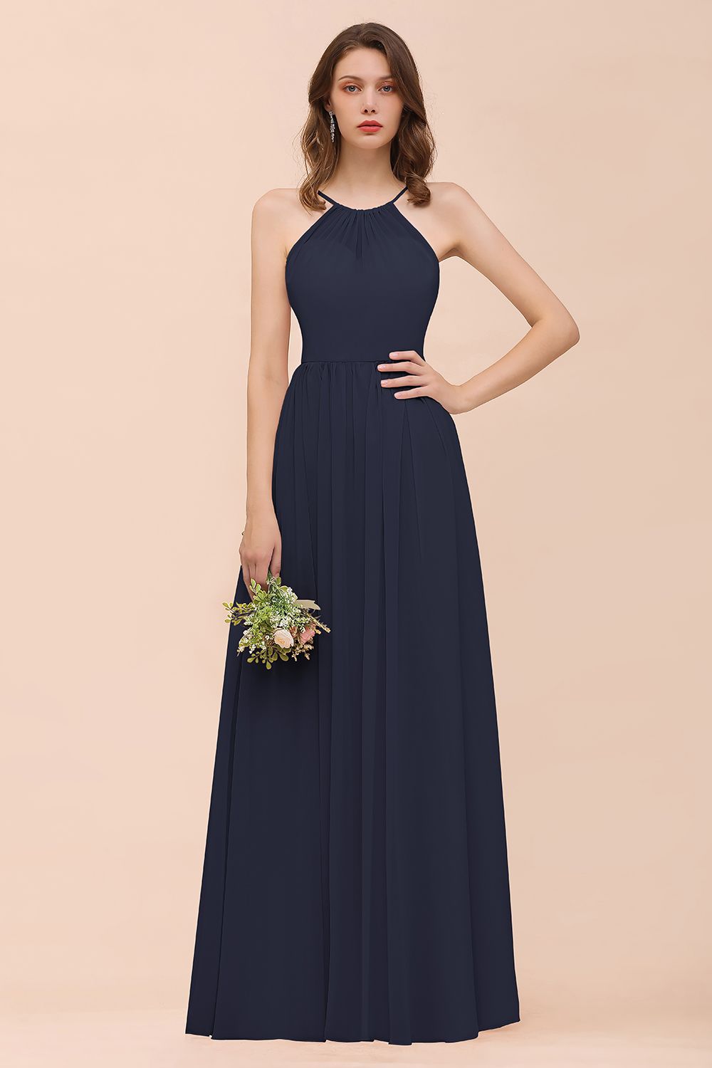 Gorgeous Chiffon Halter Ruffle Affordable Long Bridesmaid Dress-27dress
