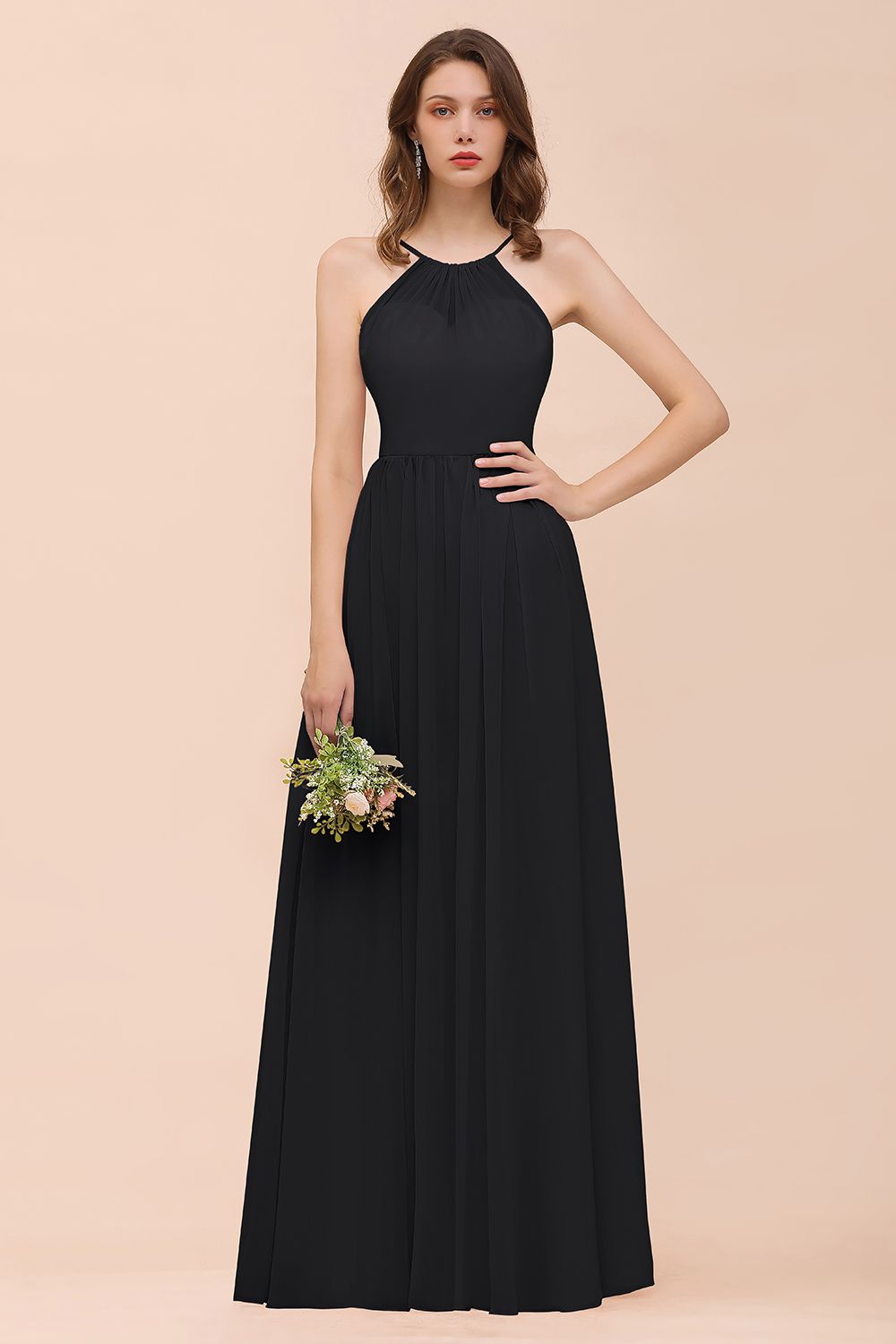 Gorgeous Chiffon Halter Ruffle Affordable Long Bridesmaid Dress-27dress