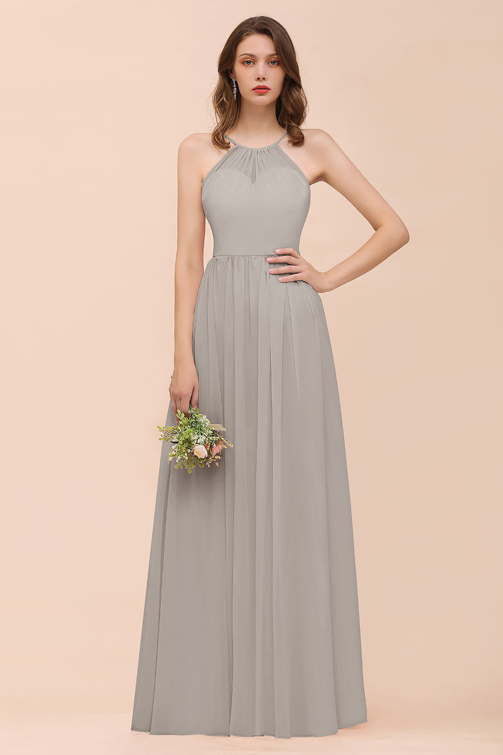 Gorgeous Chiffon Halter Ruffle Affordable Long Bridesmaid Dress-27dress
