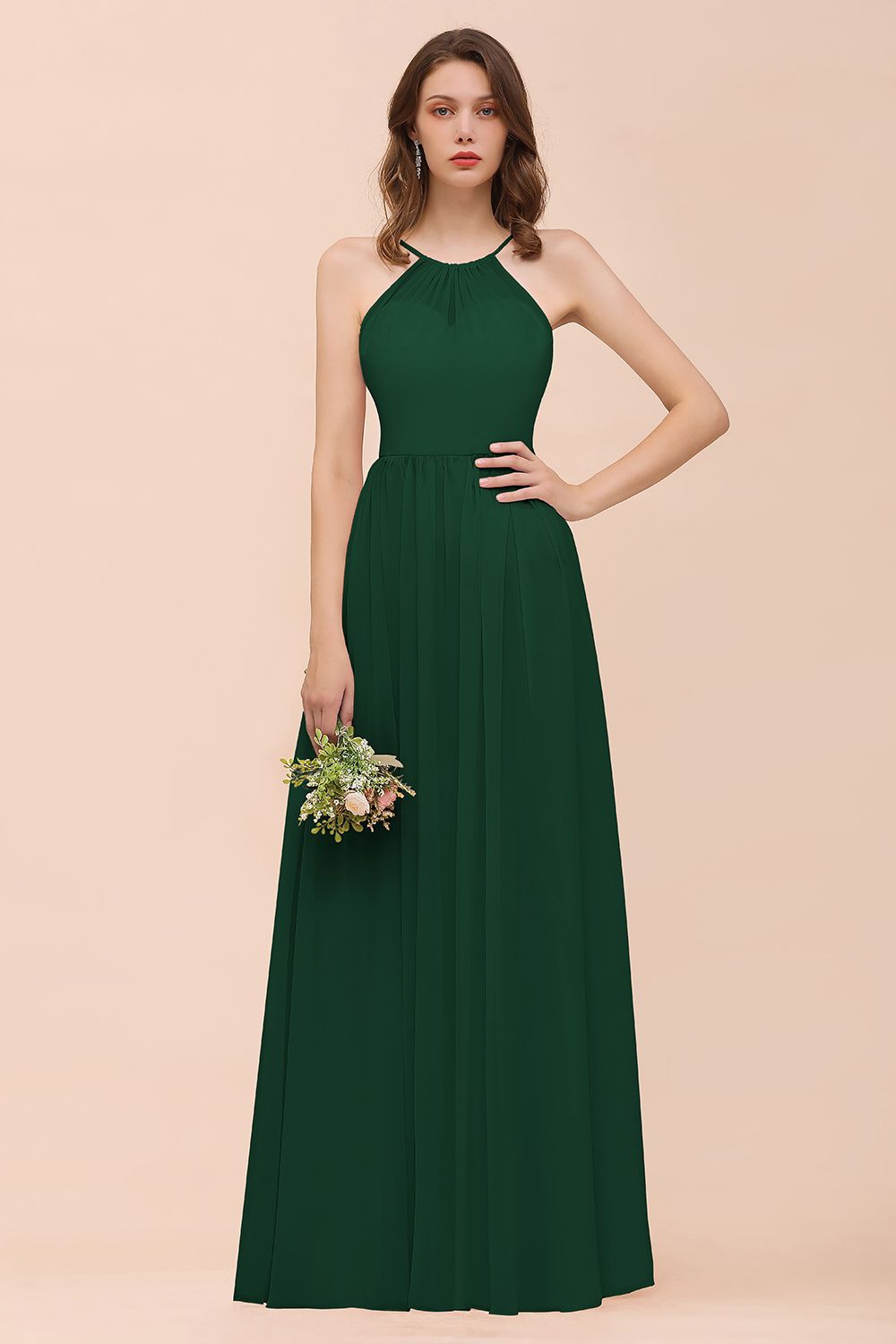 Gorgeous Chiffon Halter Ruffle Affordable Long Bridesmaid Dress-27dress