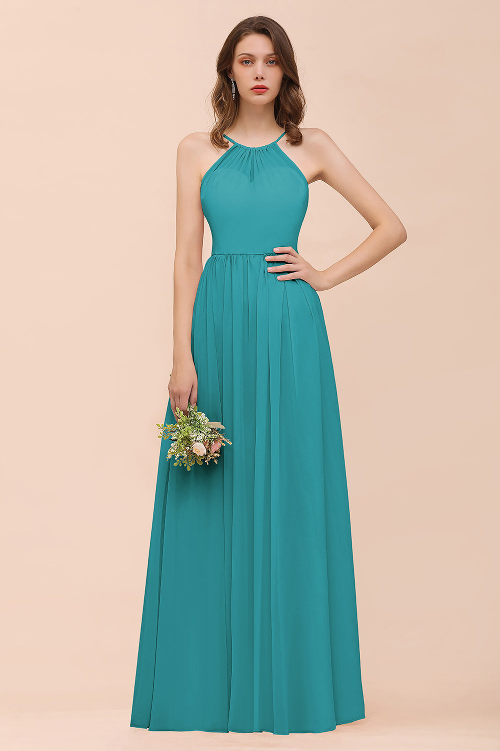 Gorgeous Chiffon Halter Ruffle Affordable Long Bridesmaid Dress-27dress