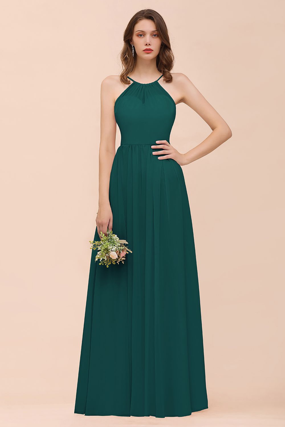 Gorgeous Chiffon Halter Ruffle Affordable Long Bridesmaid Dress-27dress
