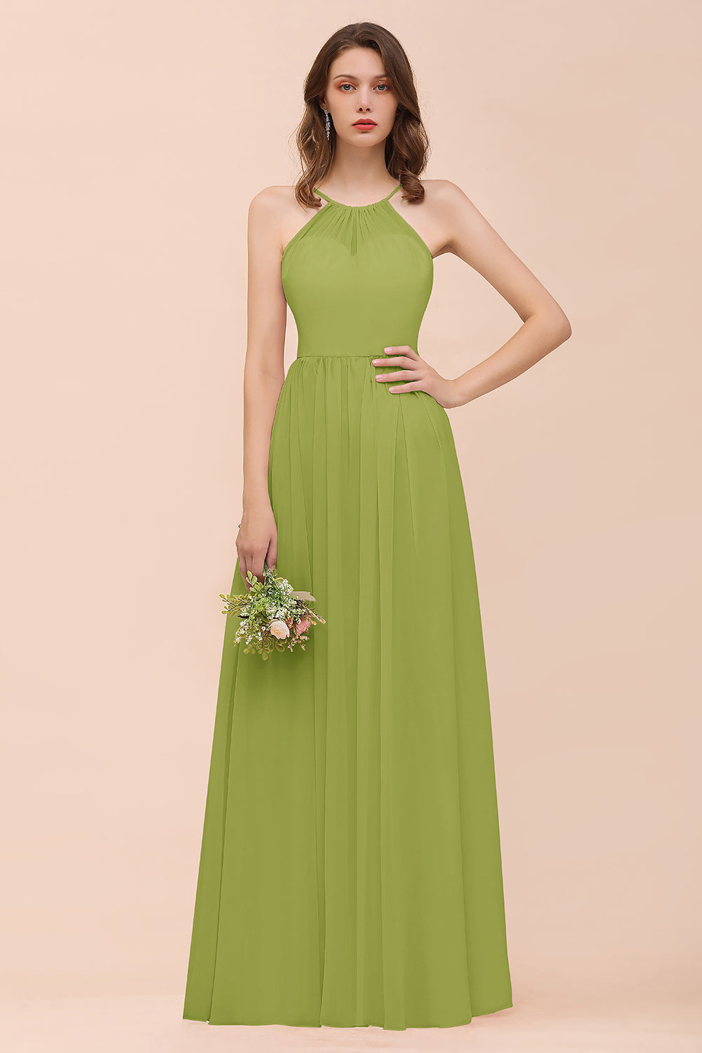 Gorgeous Chiffon Halter Ruffle Affordable Long Bridesmaid Dress-27dress