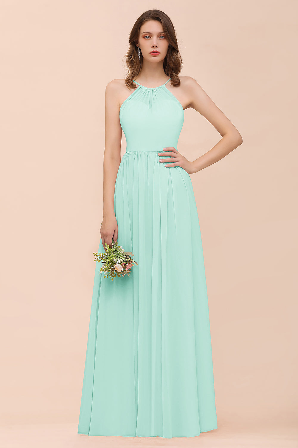 Gorgeous Chiffon Halter Ruffle Affordable Long Bridesmaid Dress-27dress