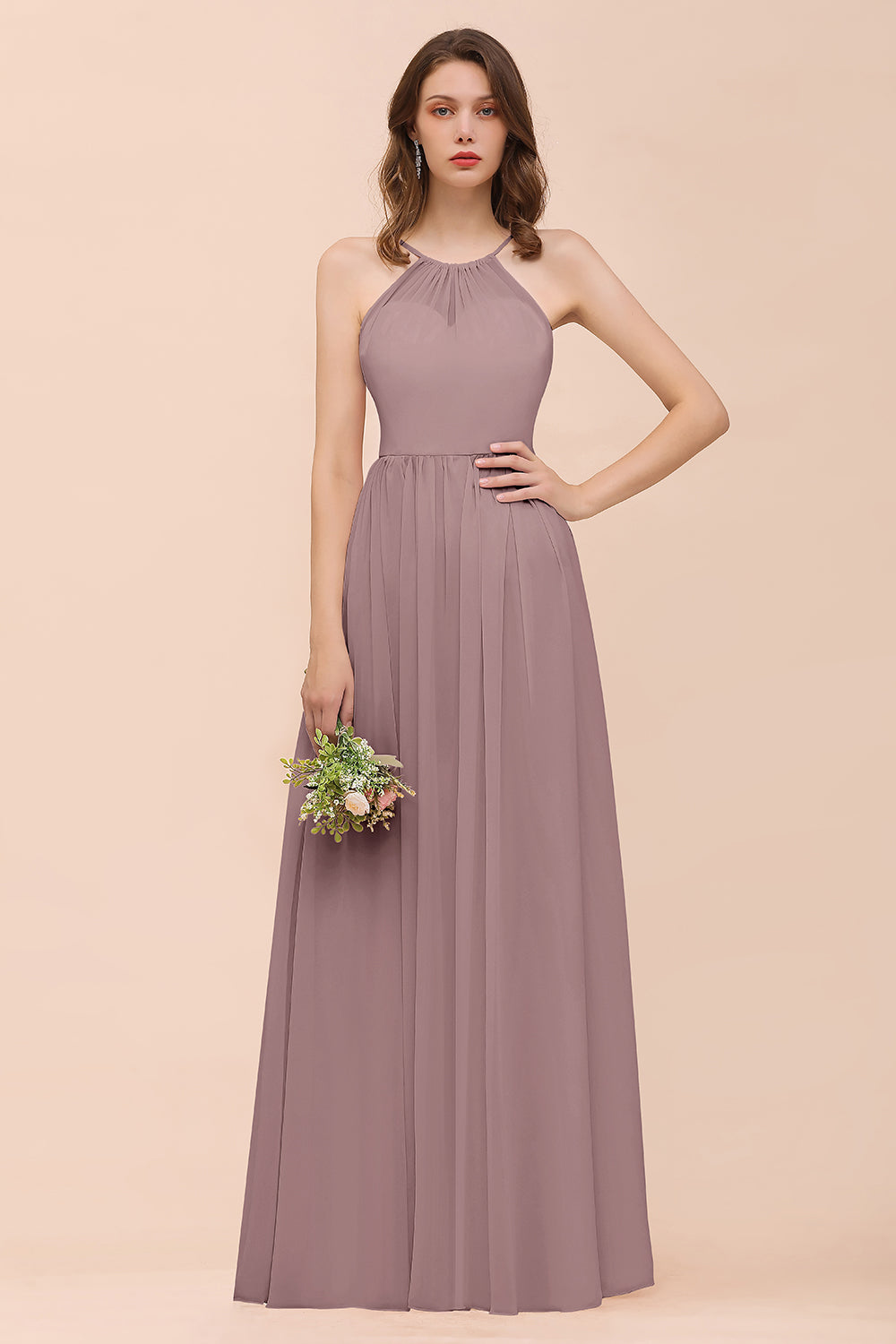 Gorgeous Chiffon Halter Ruffle Affordable Long Bridesmaid Dress-27dress