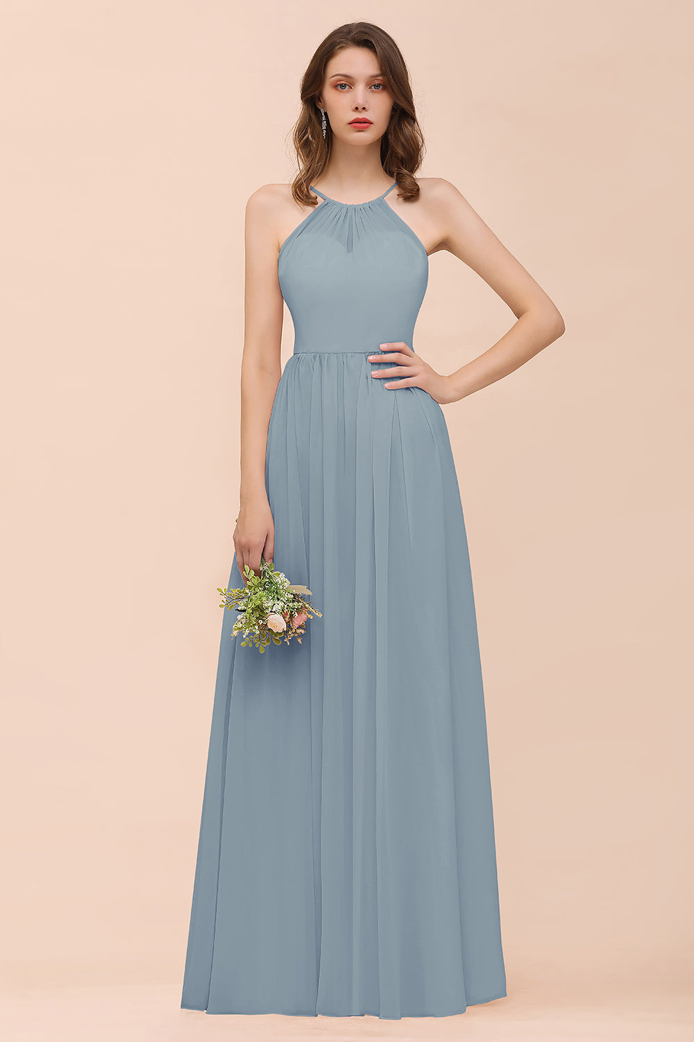 Gorgeous Chiffon Halter Ruffle Affordable Long Bridesmaid Dress-27dress