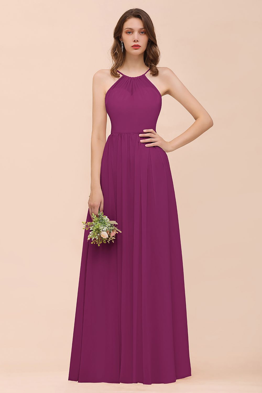Gorgeous Chiffon Halter Ruffle Affordable Long Bridesmaid Dress-27dress