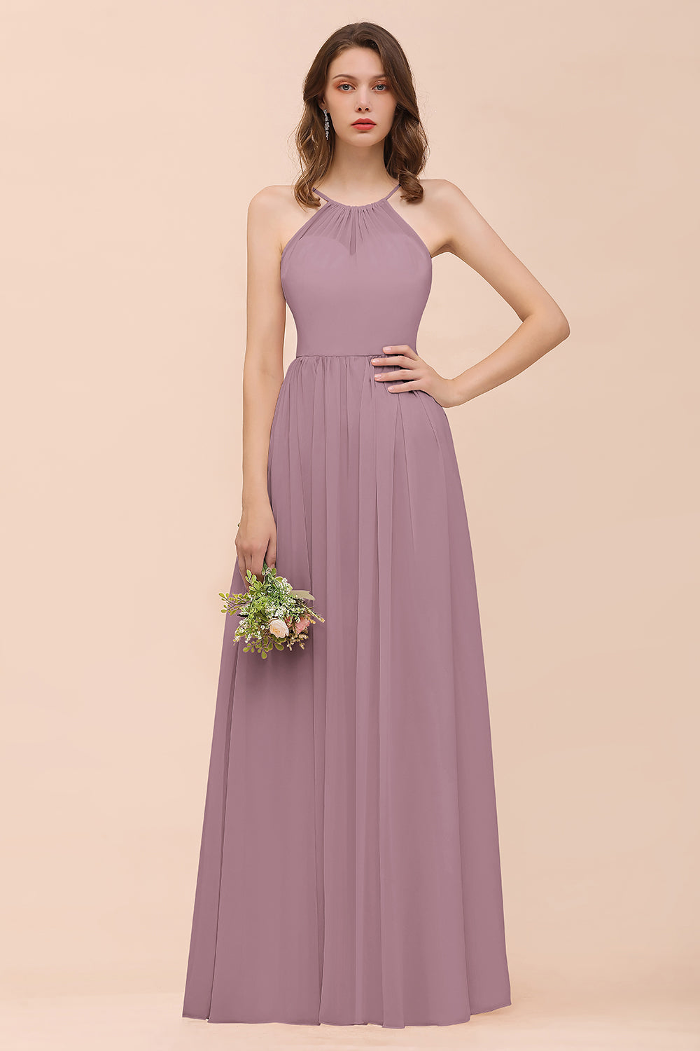 Gorgeous Chiffon Halter Ruffle Affordable Long Bridesmaid Dress-27dress
