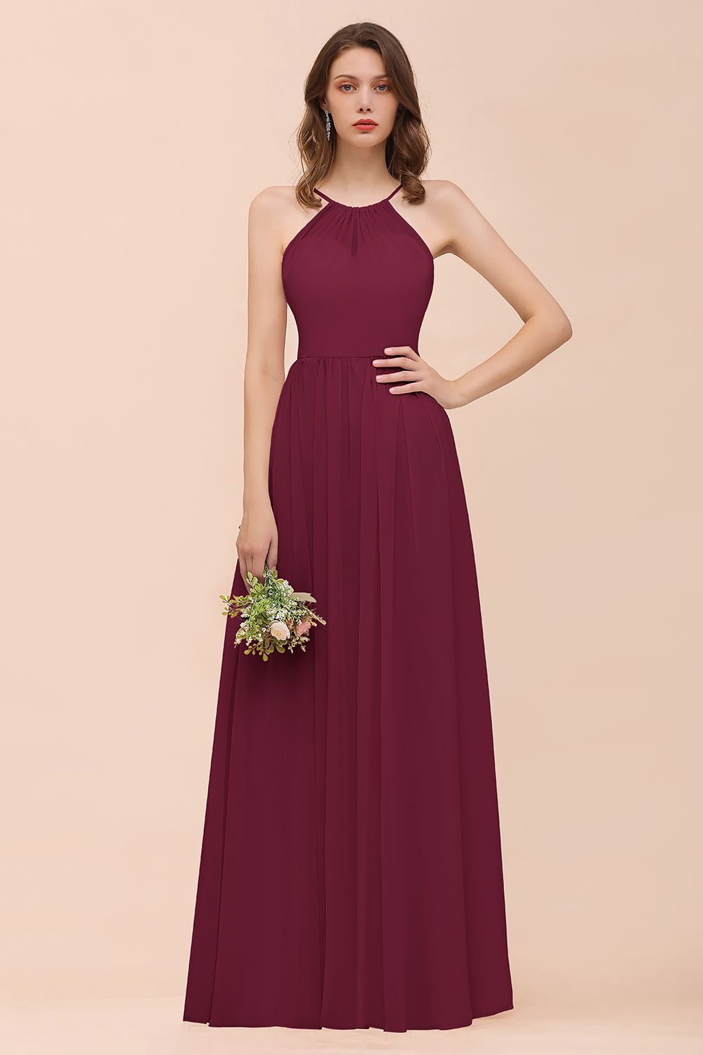 Gorgeous Chiffon Halter Ruffle Affordable Long Bridesmaid Dress-27dress