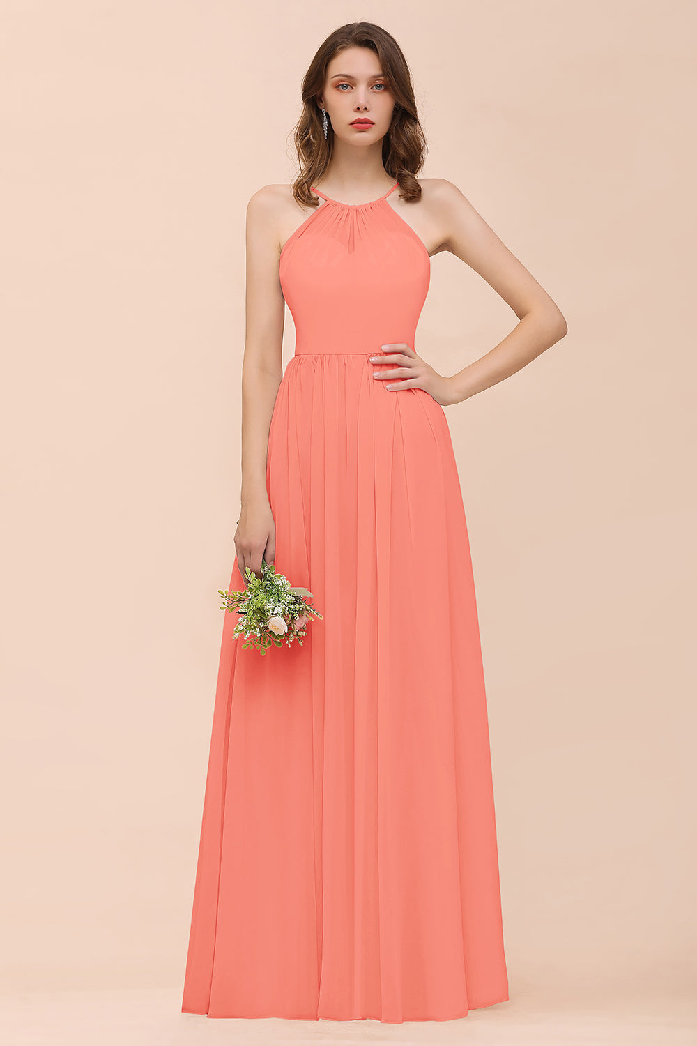 Gorgeous Chiffon Halter Ruffle Affordable Long Bridesmaid Dress-27dress