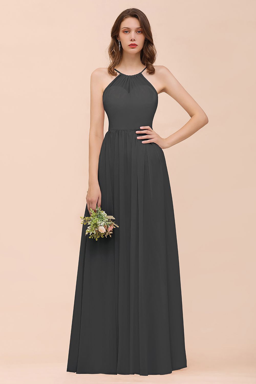 Gorgeous Chiffon Halter Ruffle Affordable Long Bridesmaid Dress-27dress