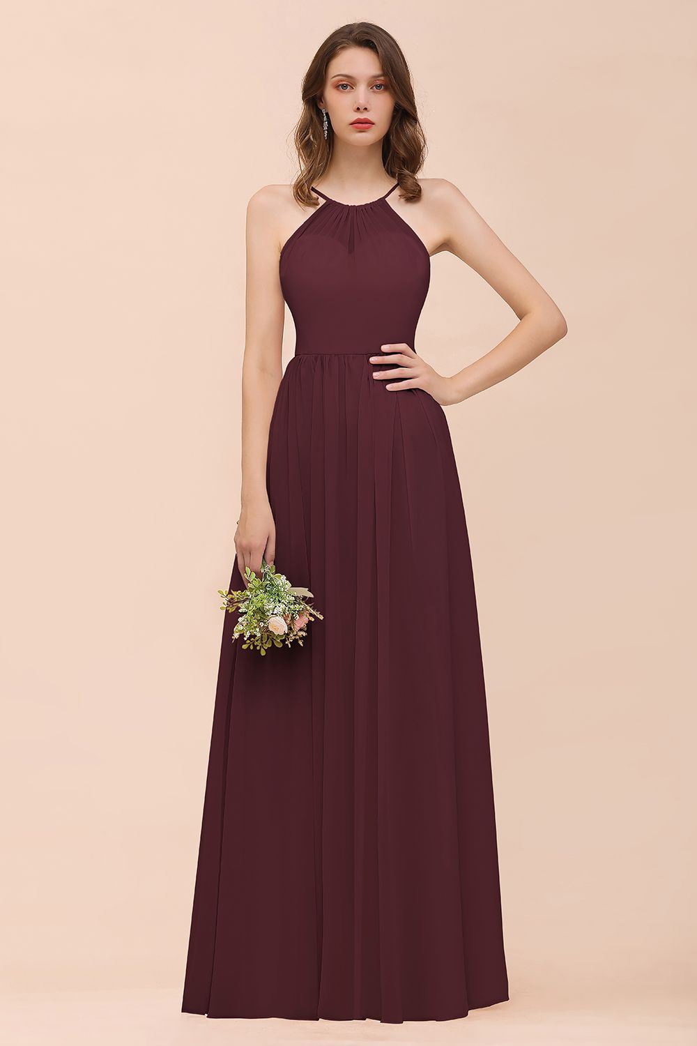 Gorgeous Chiffon Halter Ruffle Affordable Long Bridesmaid Dress-27dress