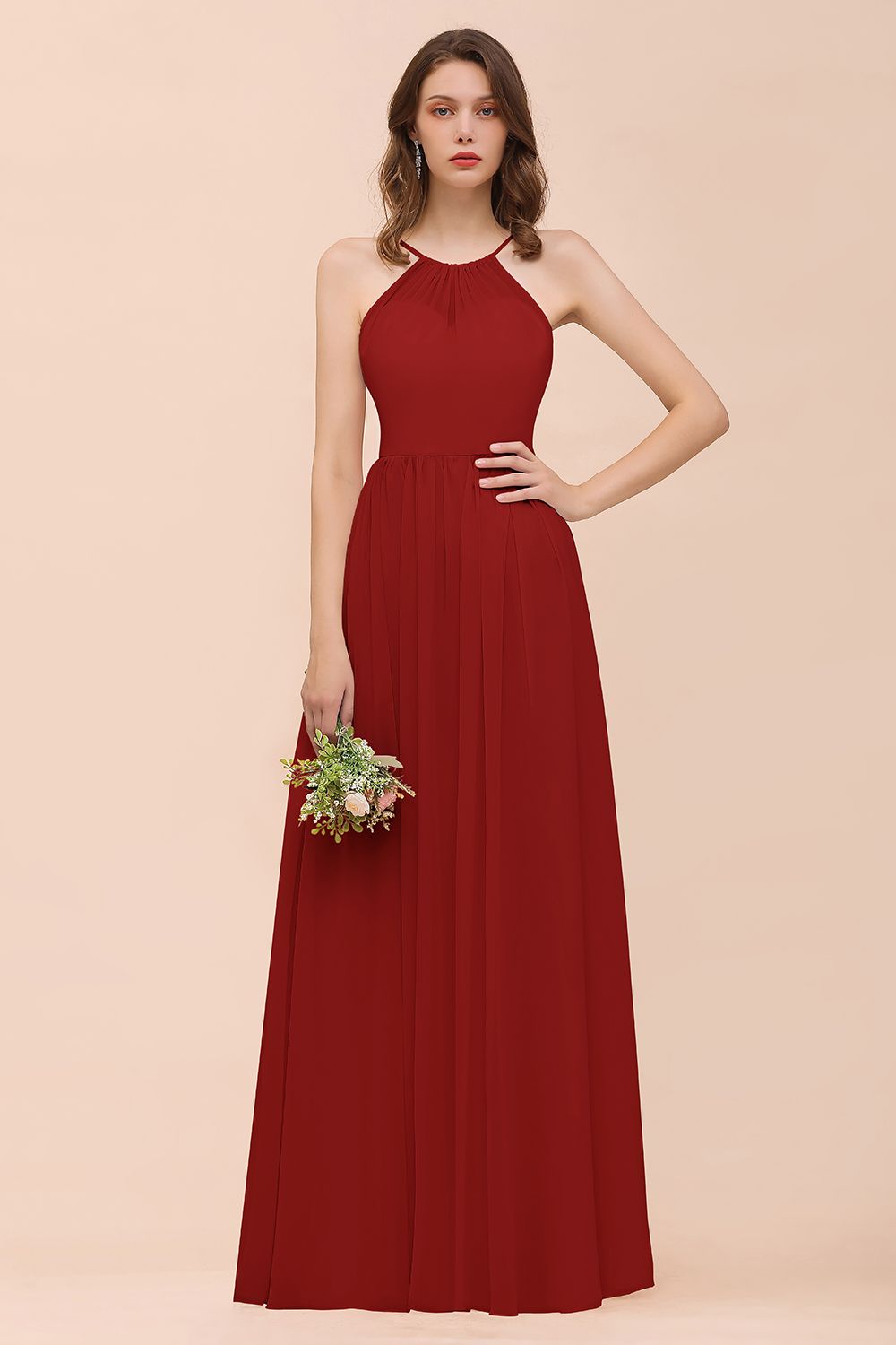 Gorgeous Chiffon Halter Ruffle Affordable Long Bridesmaid Dress-27dress