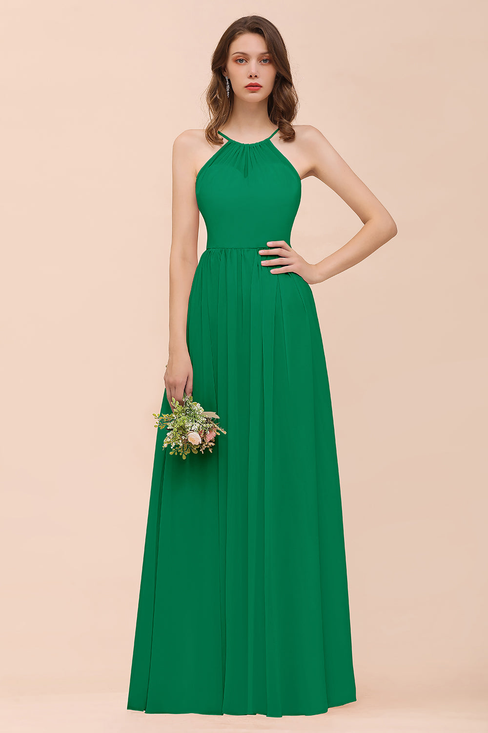 Gorgeous Chiffon Halter Ruffle Affordable Long Bridesmaid Dress-27dress