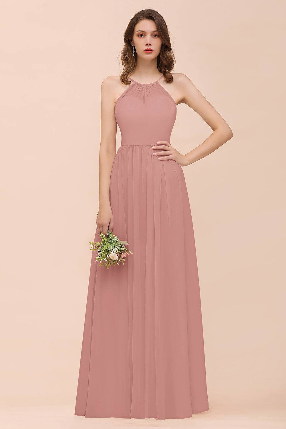 Gorgeous Chiffon Halter Ruffle Affordable Long Bridesmaid Dress-27dress