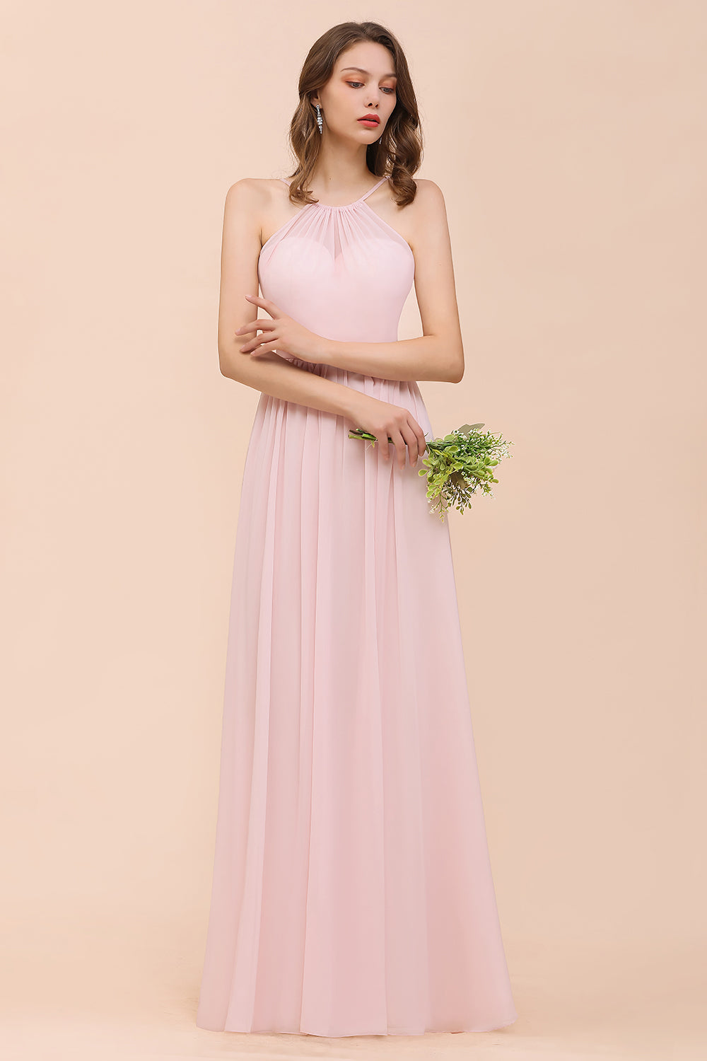 Gorgeous Chiffon Halter Ruffle Affordable Long Bridesmaid Dress-27dress