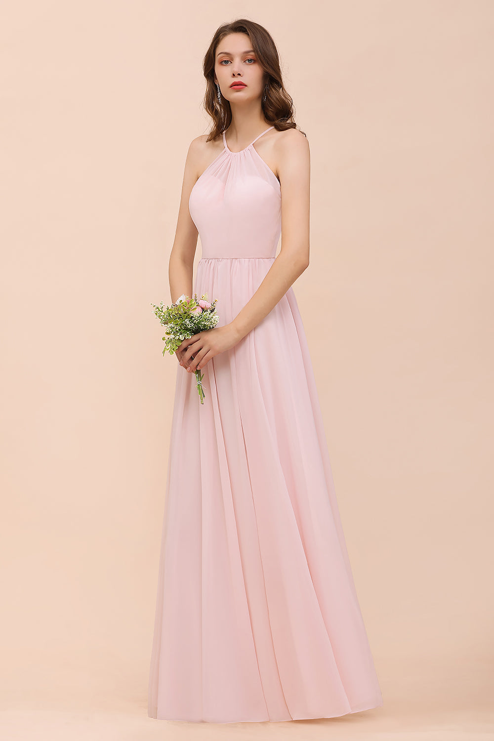 Gorgeous Chiffon Halter Ruffle Affordable Long Bridesmaid Dress-27dress