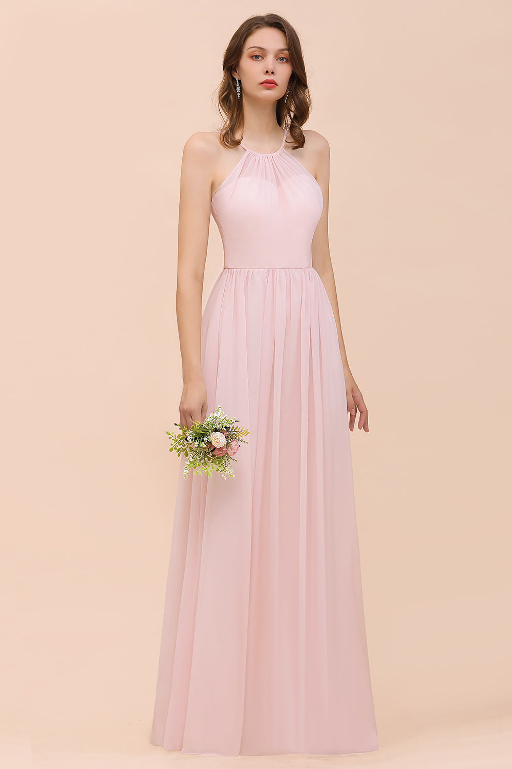 Gorgeous Chiffon Halter Ruffle Affordable Long Bridesmaid Dress-27dress