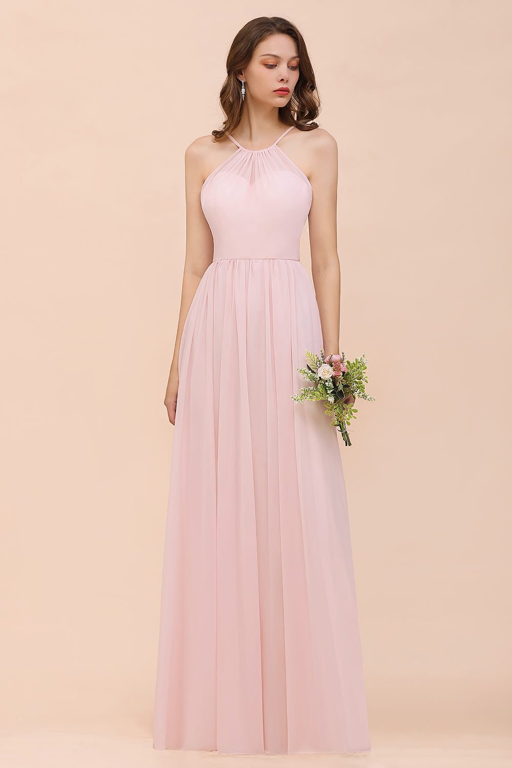 Gorgeous Chiffon Halter Ruffle Affordable Long Bridesmaid Dress-27dress