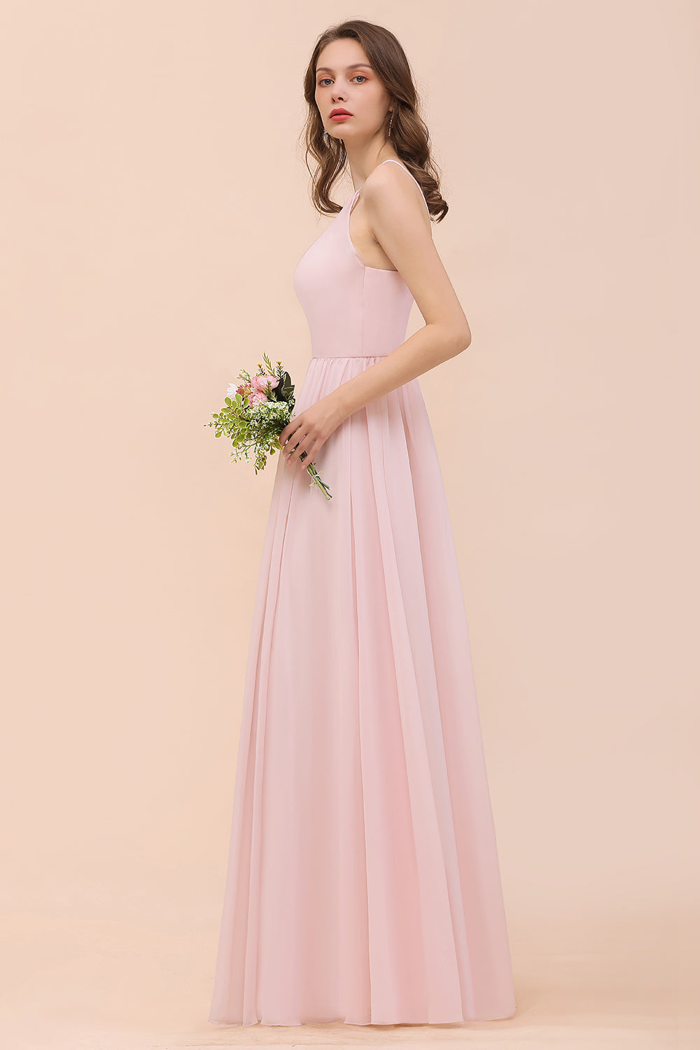 Gorgeous Chiffon Halter Ruffle Affordable Long Bridesmaid Dress-27dress