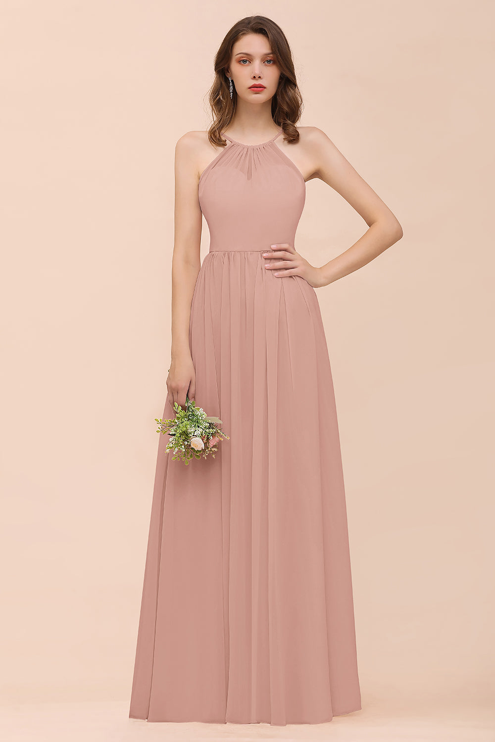 Gorgeous Chiffon Halter Ruffle Affordable Long Bridesmaid Dress-27dress