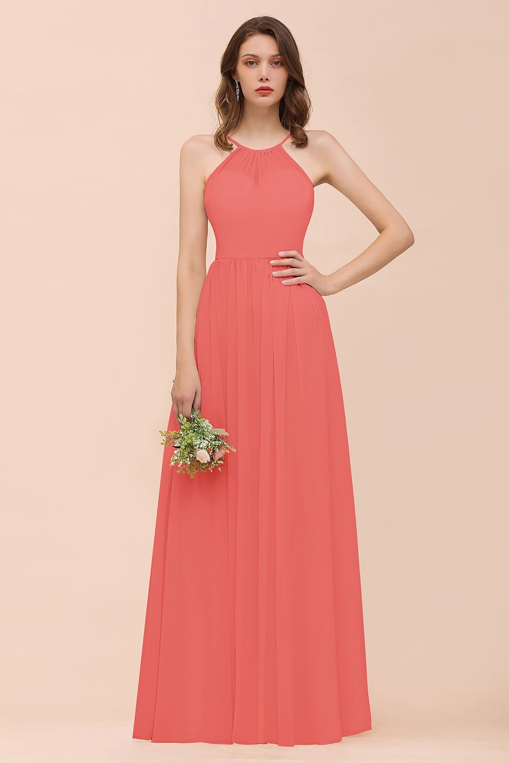 Gorgeous Chiffon Halter Ruffle Affordable Long Bridesmaid Dress-27dress