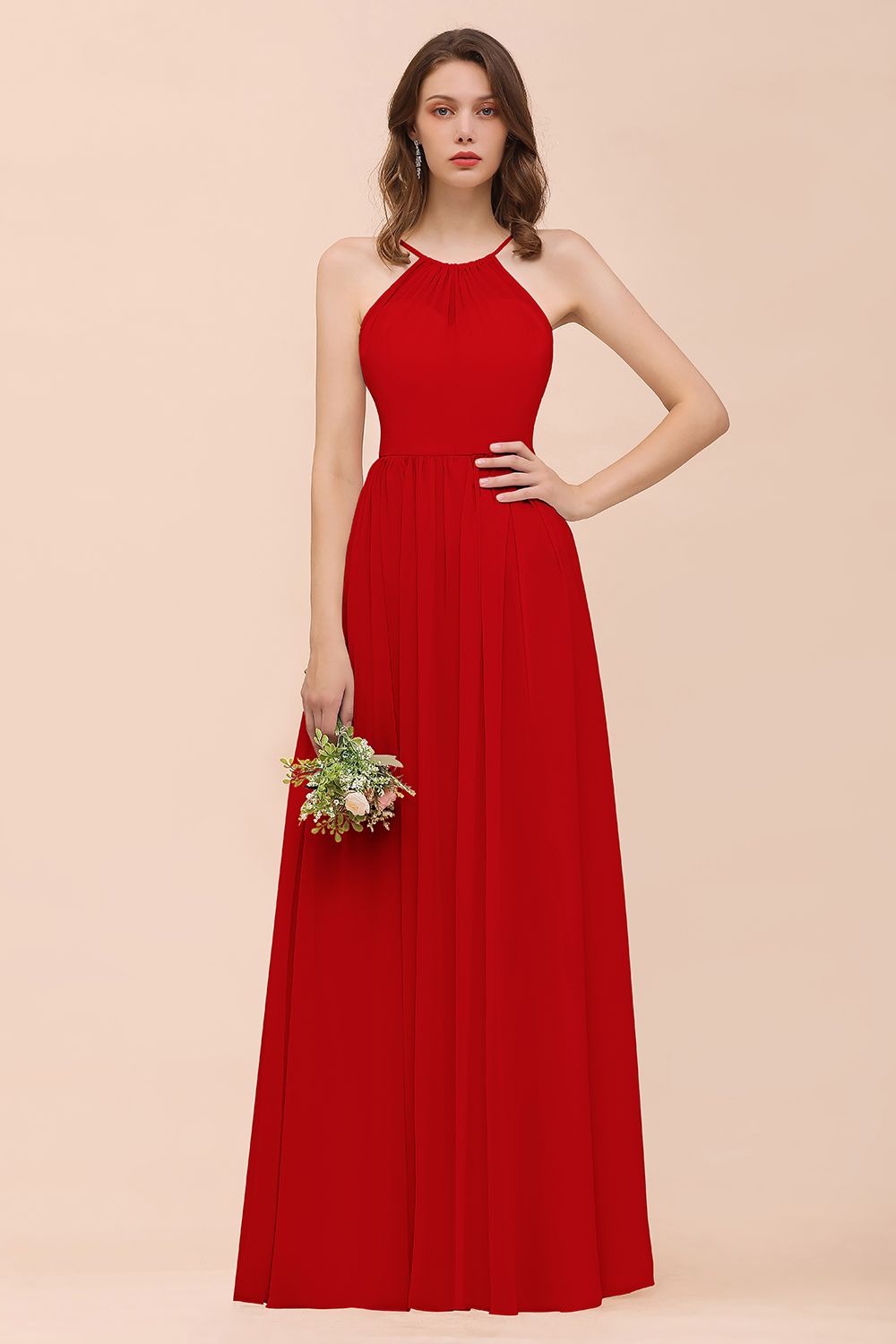 Gorgeous Chiffon Halter Ruffle Affordable Long Bridesmaid Dress-27dress