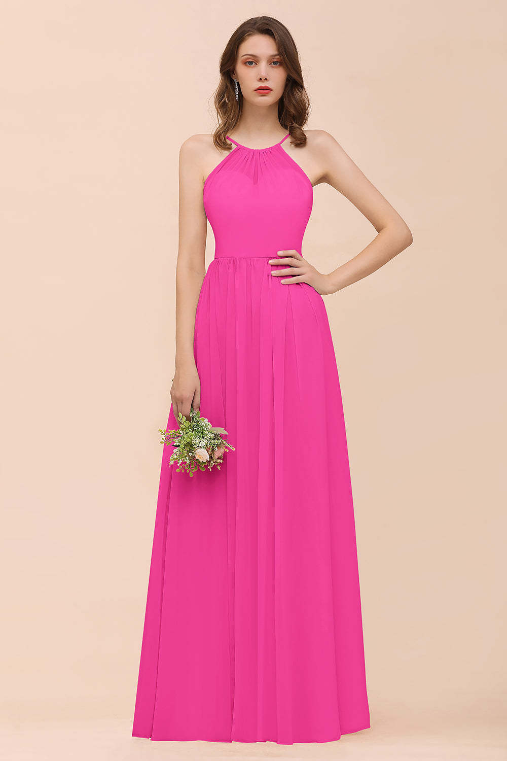 Gorgeous Chiffon Halter Ruffle Affordable Long Bridesmaid Dress-27dress