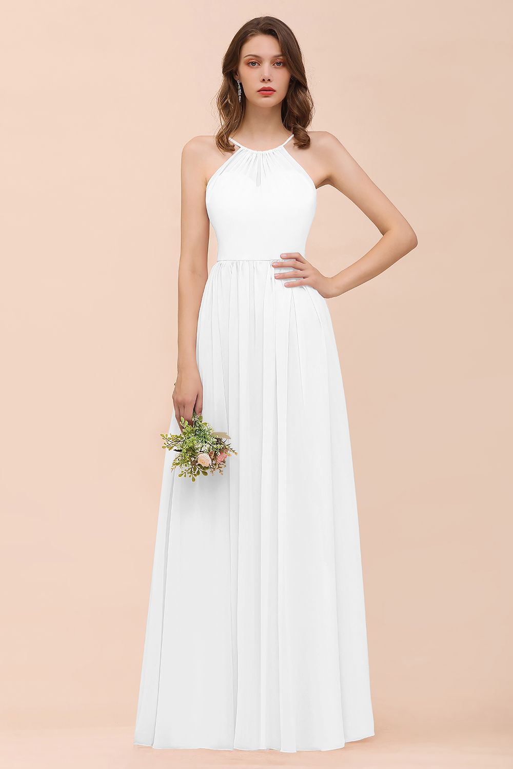 Gorgeous Chiffon Halter Ruffle Affordable Long Bridesmaid Dress-27dress