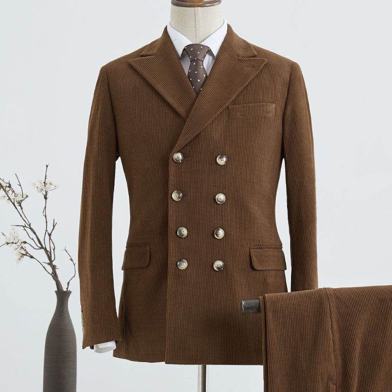 Gorgeous Corduroy Brown Double Breasted Custom Suit For Business