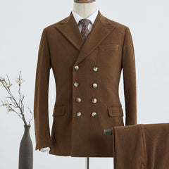 Gorgeous Corduroy Brown Double Breasted Custom Suit For Business