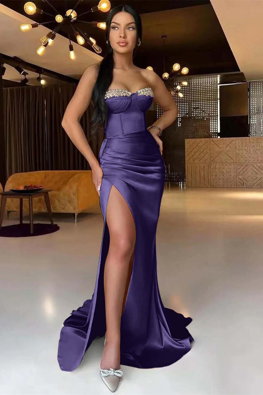 Gorgeous Dark Champagne Strapless Mermaid Long Prom Dress Split With Pleated Ruffles Beads