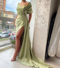 Gorgeous Dusty Sage Prom Dress High Split With Ruffles Pleated