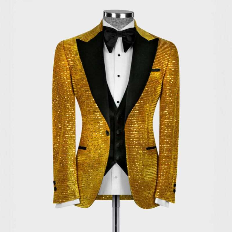 Gorgeous Peaked Lapel Three Pieces Sequins Gold Prom Suits