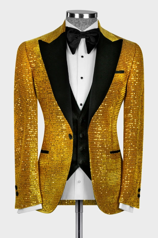 Gorgeous Peaked Lapel Three Pieces Sequins Gold Prom Suits