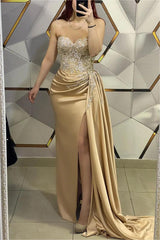 Gorgeous Gold Sweetheart Strapless Sleeveless Pleated Long Split With Beading