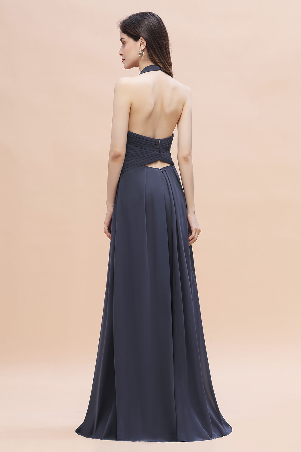 Gorgeous Halter Chiffon Ruffles Bridesmaid Dress with Front Slit Online-27dress
