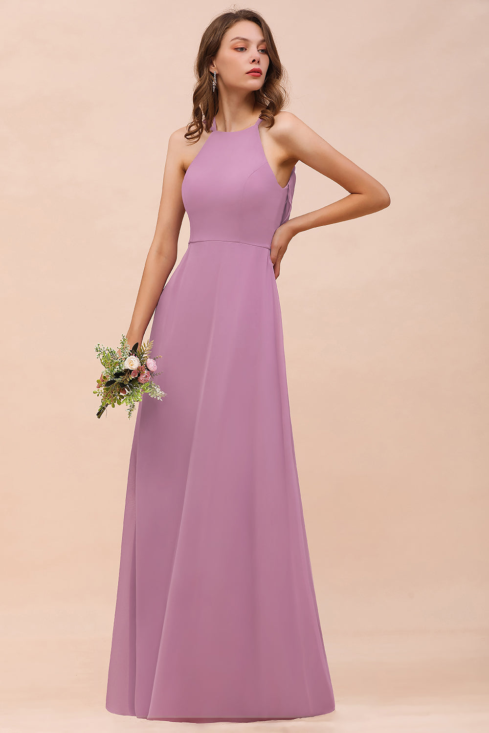 Simple Chiffon Halter Dress for Bridesmaid with Slit Cabernet Plus Size
