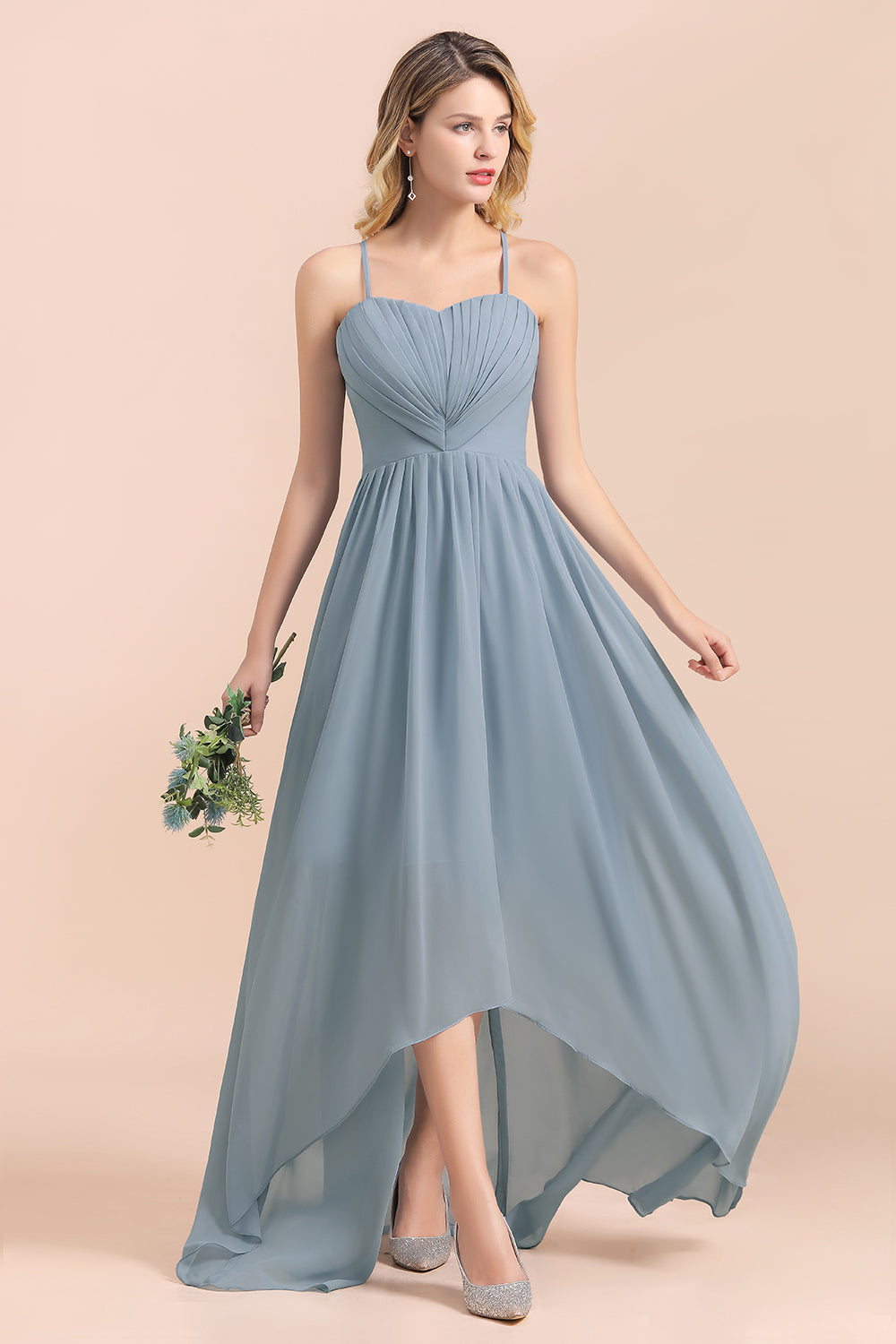 Gorgeous Hi-Lo Heart-Shaped Ruffle Bridesmaid Dress with Spaghetti Straps-27dress