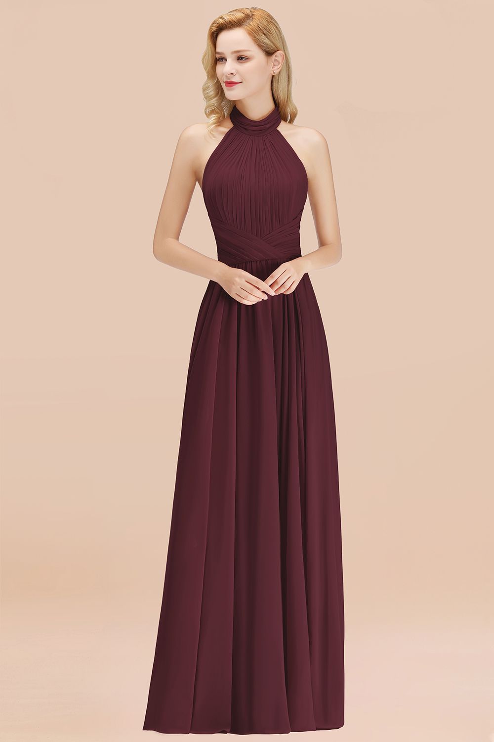 Load image into Gallery viewer, Gorgeous High-Neck Halter Backless Bridesmaid Dress Dusty Rose Chiffon Maid of Honor Dress-27dress
