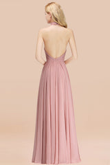 Gorgeous High-Neck Halter Backless Bridesmaid Dress Dusty Rose Chiffon Maid of Honor Dress-27dress