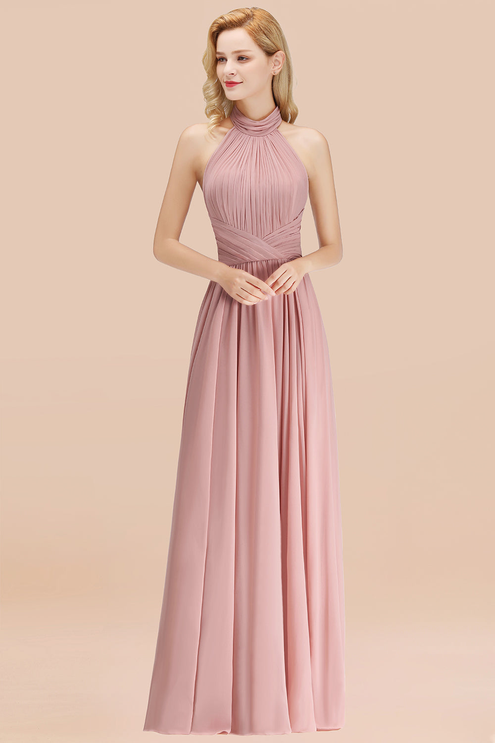 Gorgeous High-Neck Halter Backless Bridesmaid Dress Dusty Rose Chiffon Maid of Honor Dress-27dress