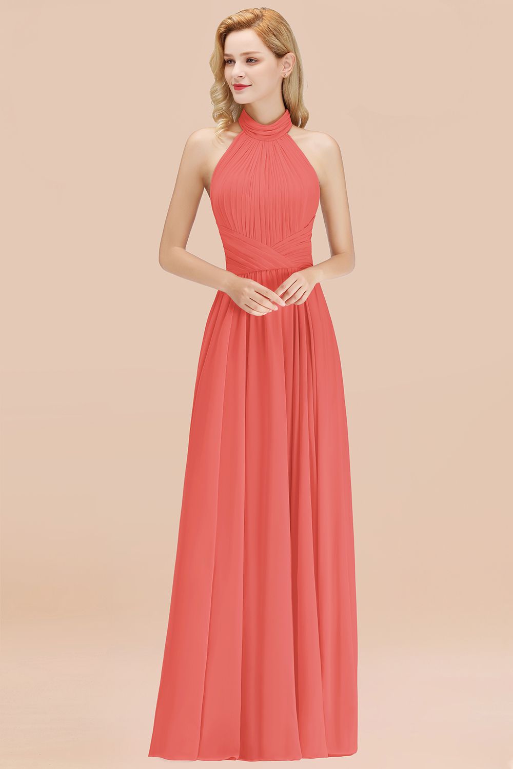 Gorgeous High-Neck Halter Backless Bridesmaid Dress Dusty Rose Chiffon Maid of Honor Dress-27dress