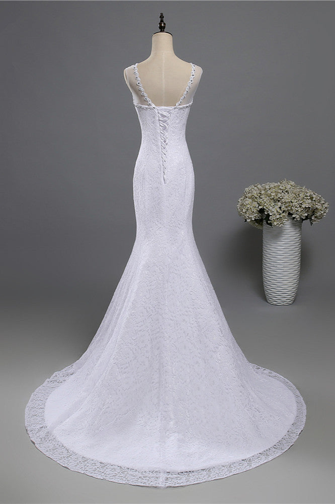Gorgeous Jewel Lace Mermaid Wedding Dress Sleeveless Appliques Bridal Gowns with Rhinestones-27dress