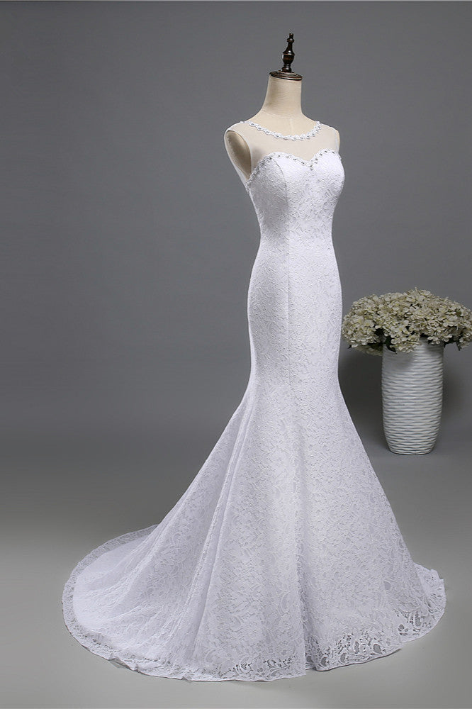 Gorgeous Jewel Lace Mermaid Wedding Dress Sleeveless Appliques Bridal Gowns with Rhinestones-27dress