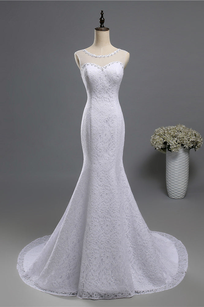 Gorgeous Jewel Lace Mermaid Wedding Dress Sleeveless Appliques Bridal Gowns with Rhinestones-27dress