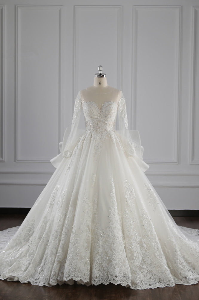 Gorgeous Jewel Lace Tulle Wedding Dress Long Sleeves Beadings Bridal Gowns On Sale-27dress