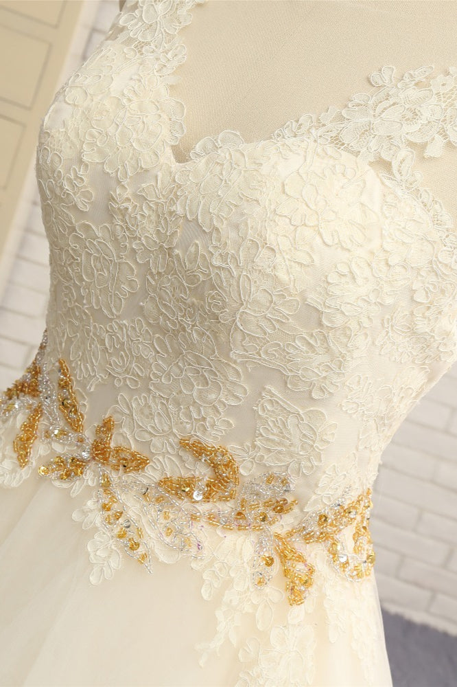 Gorgeous Jewel Sleeveless A-Line Tulle Wedding Dress Lace Appliques Bridal Gowns with Beadings-27dress